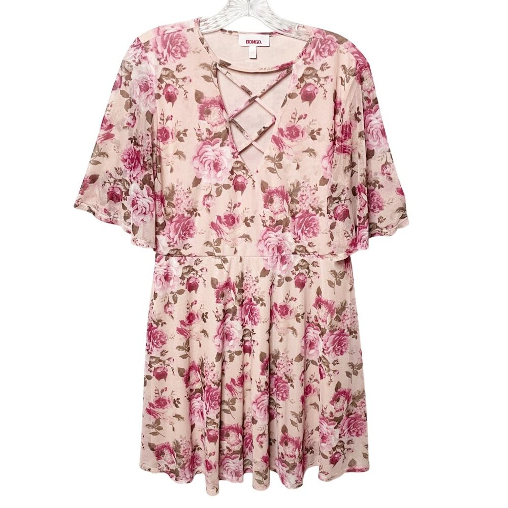 Bongo Y2K Mini Shift Dress Women's Size XL Pink Floral Mesh Lined Short Sleeve